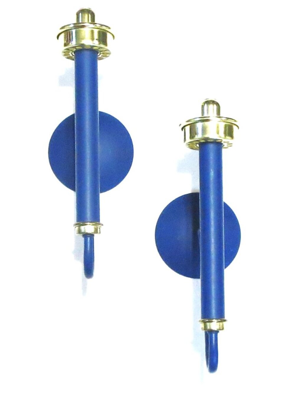 Vintage Blue Brass Wall Candle Sconces Mechanical Candle Lift Pair